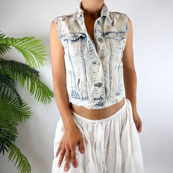 Vintage Y2K Indie Grunge Light Wash Denim Distressed Bleached Jean Vest / Sz: S - Picture 5 of 5
